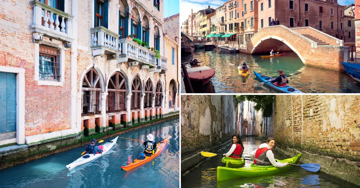 Adventurous young adults kayaking through the serene canals of Venice.