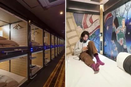 A side-by-side view of a pod hotel in Japan showcasing the interior of the compact sleeping areas and a guest relaxing in a spacious communal area.