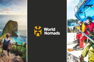 Collage with two adventurous scenes flanking the World Nomads logo; on the left, a traveller overlooks a sea cliff, and on the right, a group on a ski lift.