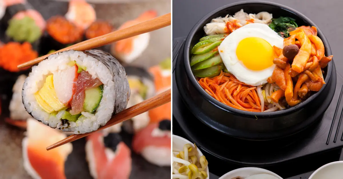 Japanese sushi roll and Korean bibimbap in close-up