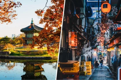 Scenic view of South Korea or Japan showcasing traditional architecture and bustling street alley
