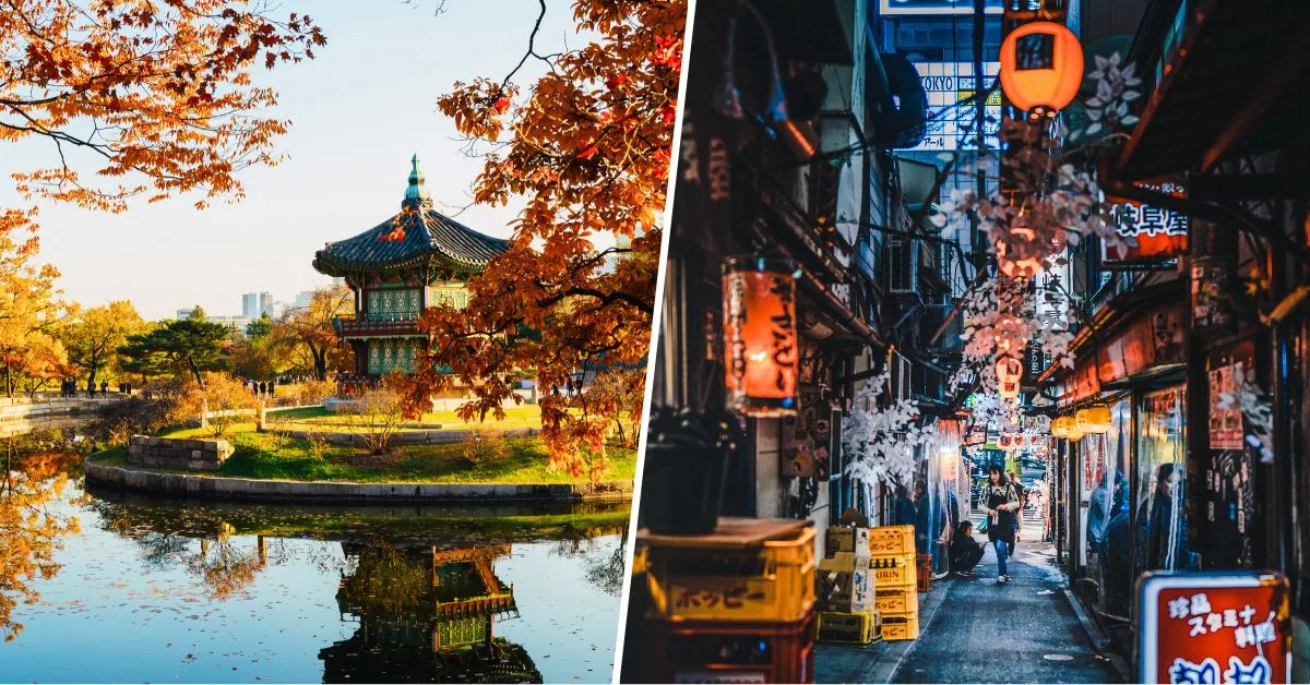 Scenic view of South Korea or Japan showcasing traditional architecture and bustling street alley