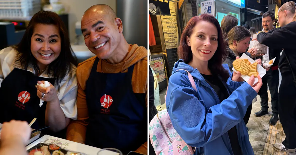 Two images showing participants on a One Life Adventures tour in Japan enjoying local cuisine, one couple in aprons smiling with sushi and a solo traveller holding a fish-shaped pastry.