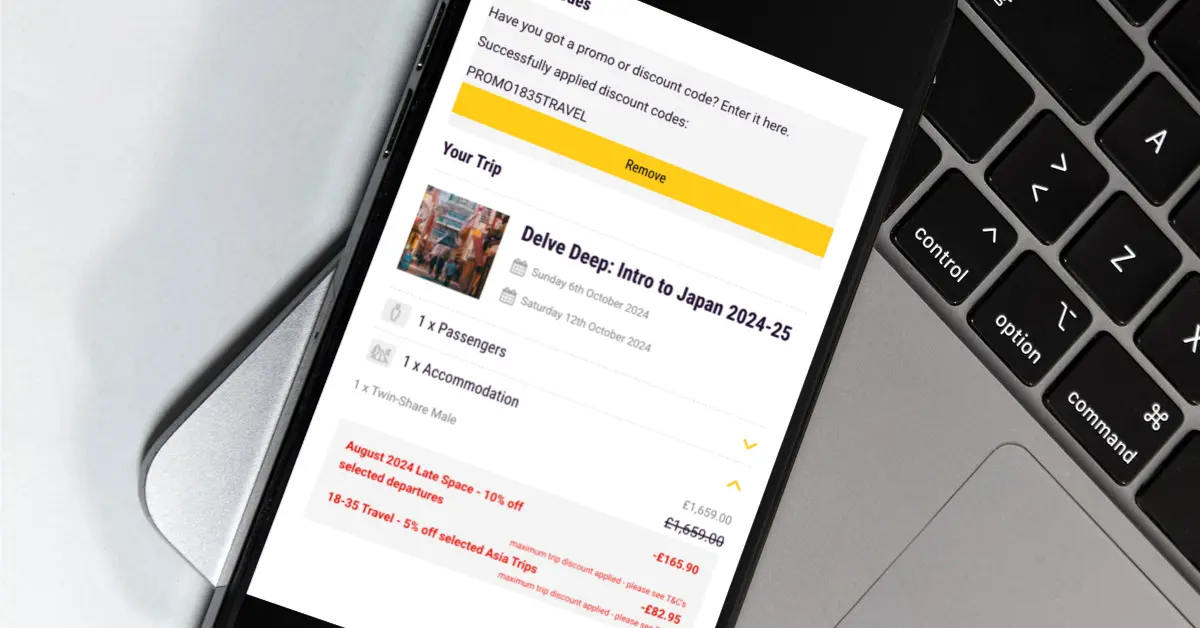 Discount codes section on Topdeck website showing how to apply your Topdeck discount code. Enter the code '1835TRAVEL' in the input box and click the yellow 'Apply Code' button.