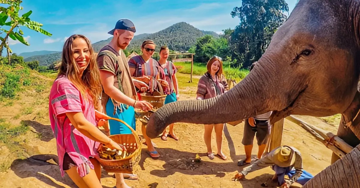 Group of travellers feeding an elephant at a sanctuary during a TruTravels tour, showcasing their commitment to sustainable travel and wildlife conservation. The vibrant scene features lush greenery and a clear blue sky, highlighting the joy and respect in human-animal interactions.