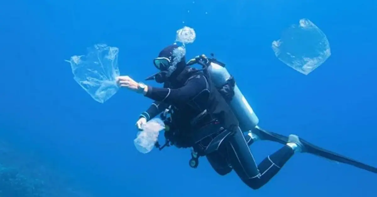 A scuba diver underwater collecting plastic waste. The diver is wearing full diving gear, including an oxygen tank and wetsuit, and is reaching out to grab a plastic bag. The clear blue water surrounds the diver, highlighting the issue of ocean pollution.