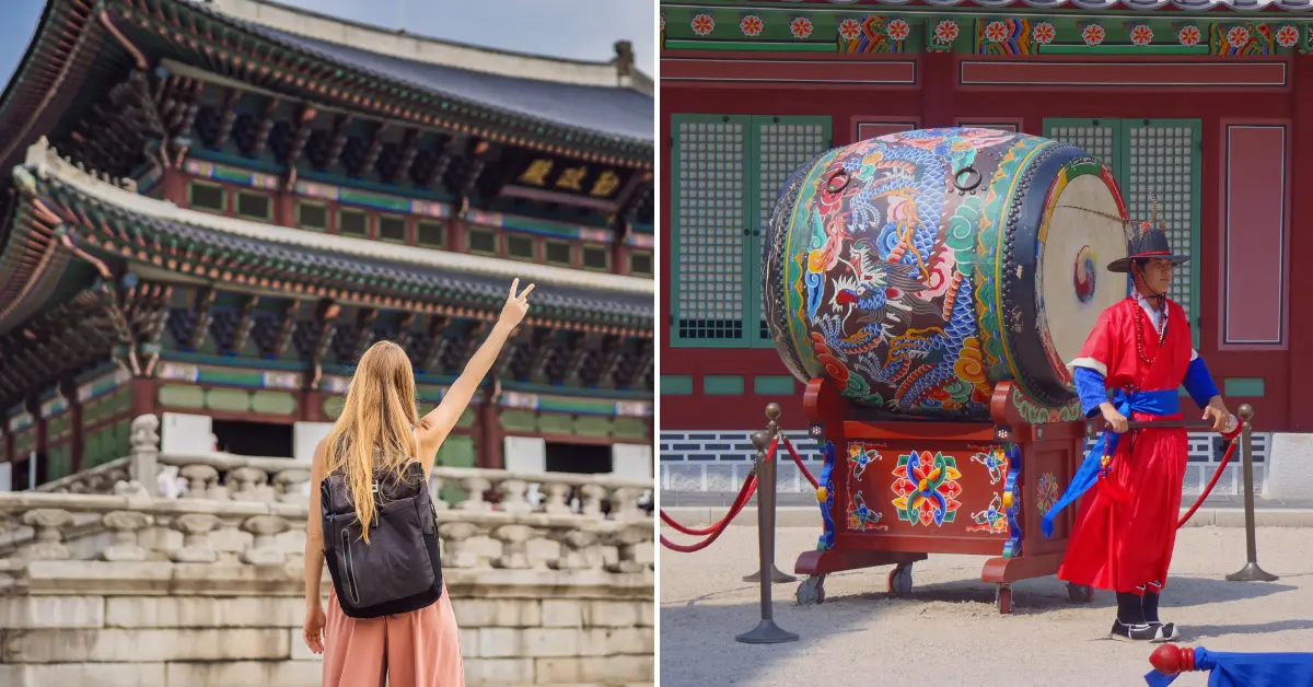 A visitor on a working holiday in South Korea admires the grandeur of a traditional palace, while a guard stands beside a beautifully decorated drum, highlighting the country's rich cultural heritage.