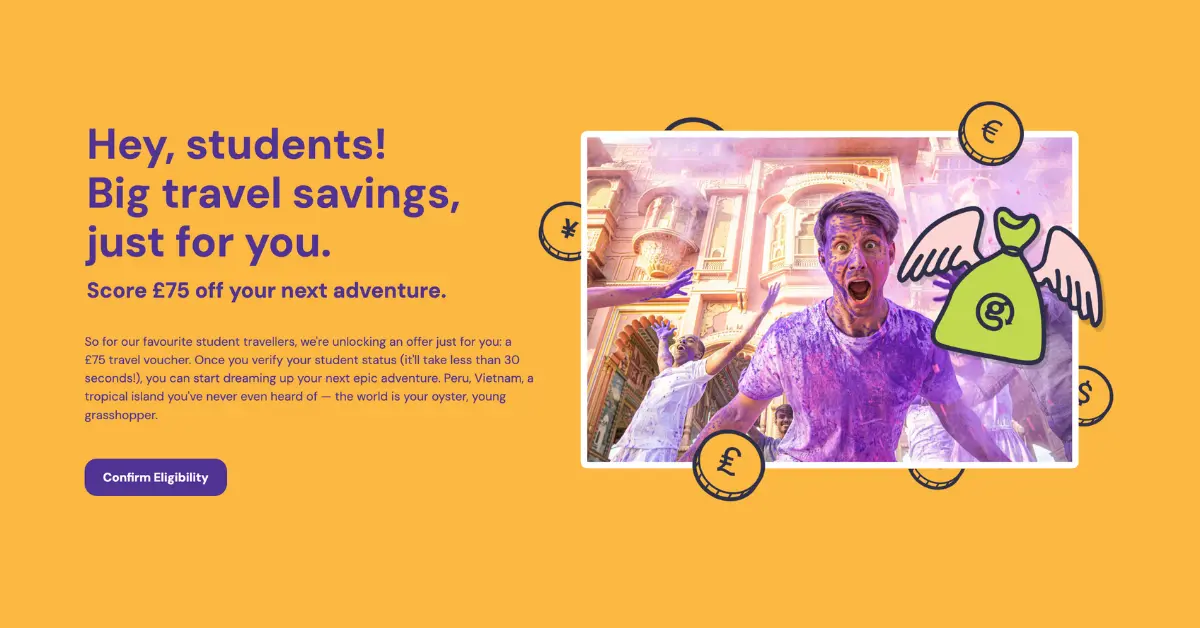 G Adventures discount code for students: Excited young person covered in vibrant powder during a festival, with an ornate building in the background, surrounded by currency symbols and a green money bag with wings.