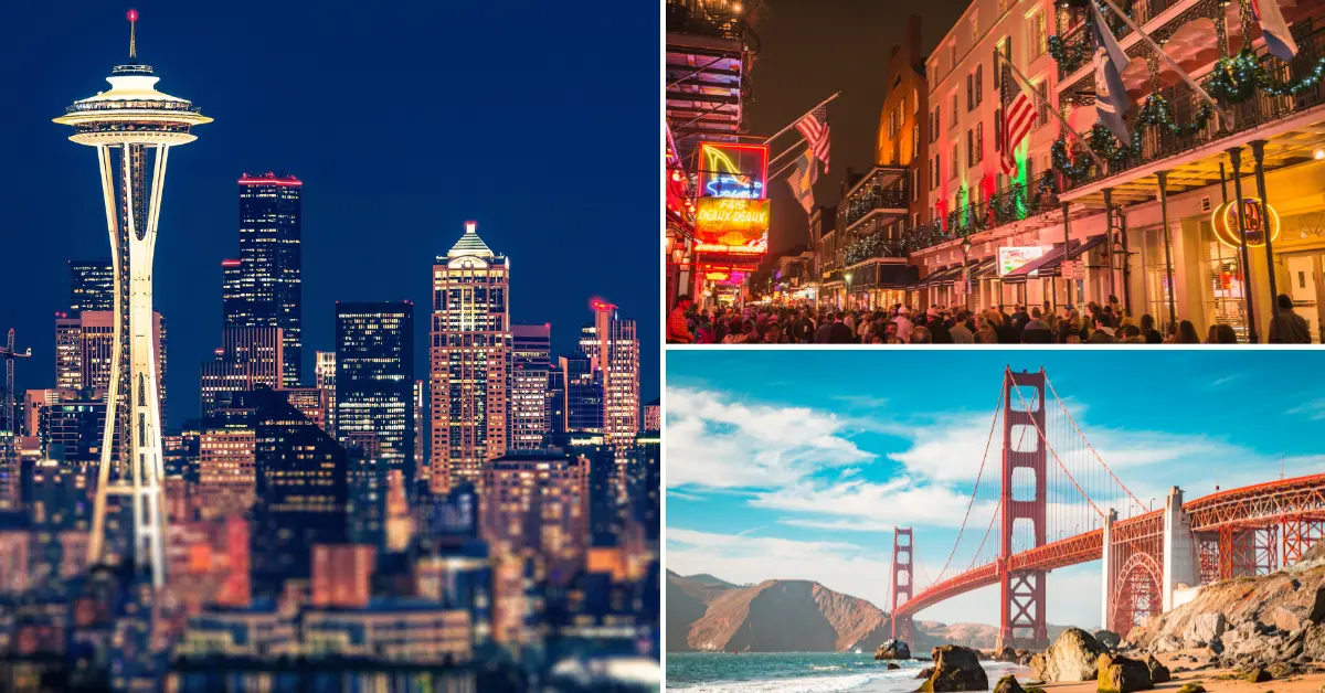 Collage of iconic US locations: Seattle's Space Needle at night, New Orleans' vibrant nightlife, and San Francisco's Golden Gate Bridge by day.