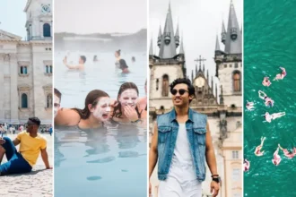 A collage showcasing various Topdeck trip styles: travellers relaxing in front of a historic cathedral, friends enjoying a geothermal spa with face masks, a solo traveller exploring a city with gothic architecture, and a group of people floating in a vibrant blue sea.