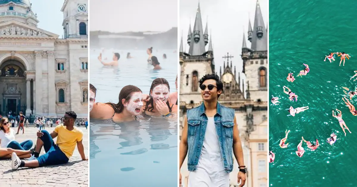 A collage showcasing various Topdeck trip styles: travellers relaxing in front of a historic cathedral, friends enjoying a geothermal spa with face masks, a solo traveller exploring a city with gothic architecture, and a group of people floating in a vibrant blue sea.