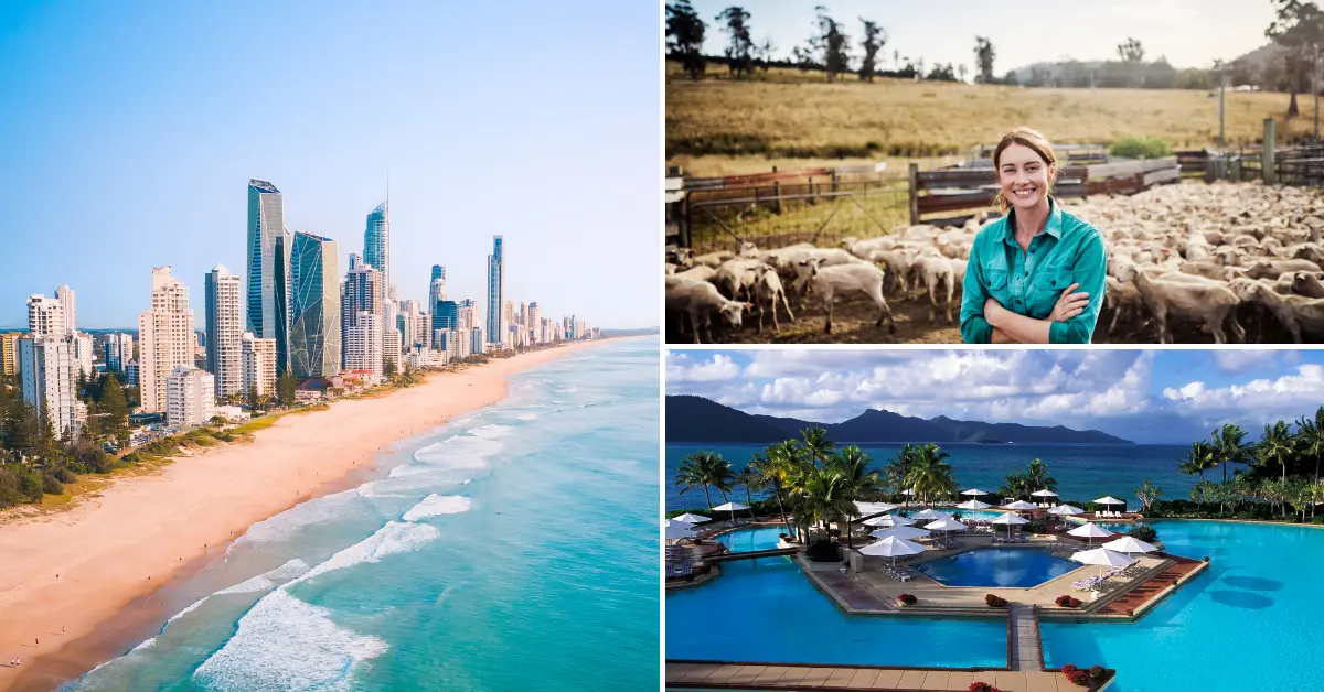 Collage of three images: the Gold Coast's skyline and beach, a young adult working with sheep in the Australian outback, and a luxurious resort in the Whitsundays.