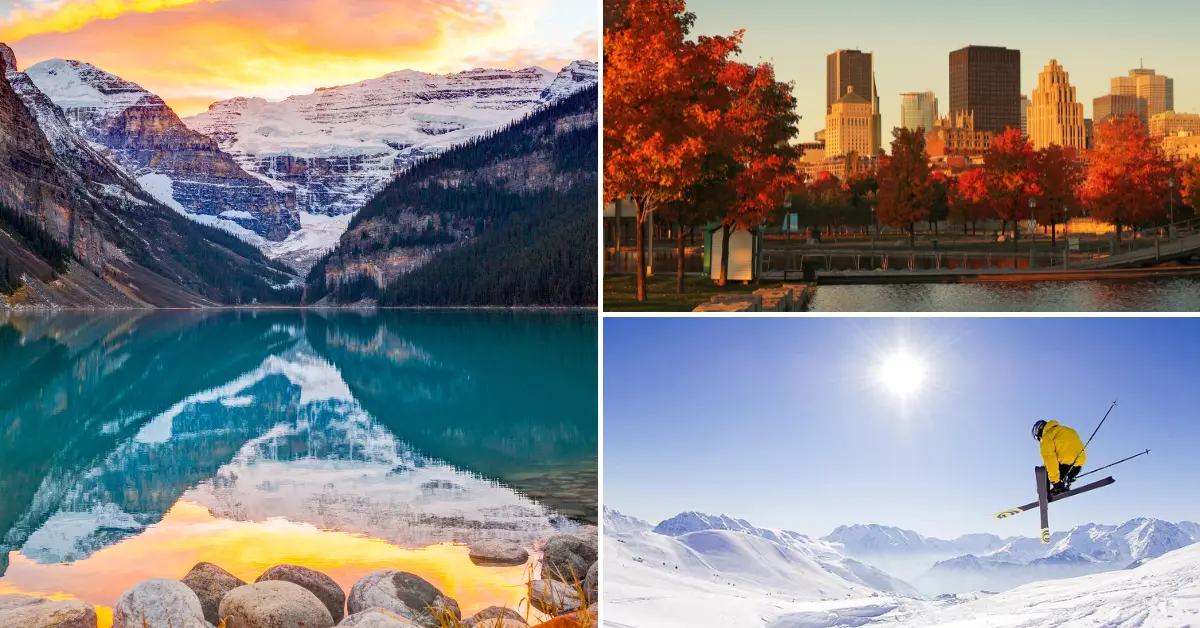 A collage of three common scenes you can experience on a working holiday in Canada: a serene mountain lake at sunset with snow-capped peaks and vibrant sky reflections, an urban park in autumn with bright red and orange leaves against a city skyline, and an exhilarating skiing scene with a skier mid-air against a backdrop of snow-covered mountains and a clear blue sky.