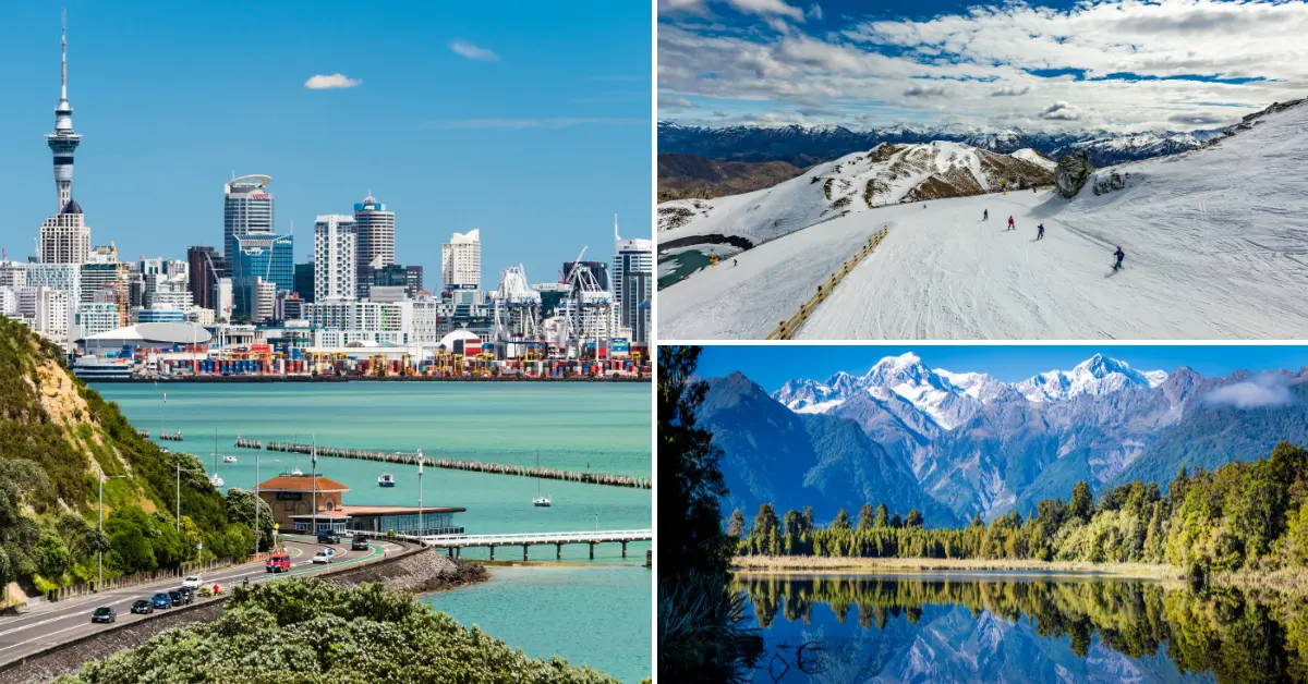 A collage of three images showcasing diverse locations in New Zealand. The top left image features the urban skyline of Auckland with modern high-rise buildings and the Sky Tower along a waterfront. The top right image captures skiers descending a snow-covered mountain slope under a partly cloudy sky, highlighting New Zealand's alpine regions. The bottom image displays a serene lake with crystal-clear reflections of snow-capped mountains and dense greenery, representing the country's stunning natural landscapes.