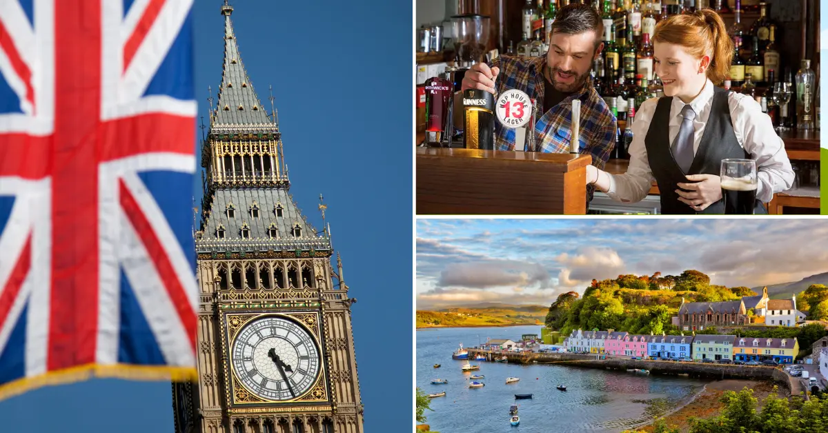 Collage showcasing the essence of a working holiday in the United Kingdom: Big Ben with the Union Jack flag, bartenders in a traditional British pub, and a picturesque coastal village